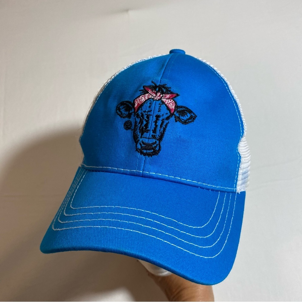 Girlie Girl Pony Tail Hat Betsy Cow Hat Baseball Cap Mesh White Blue Cap